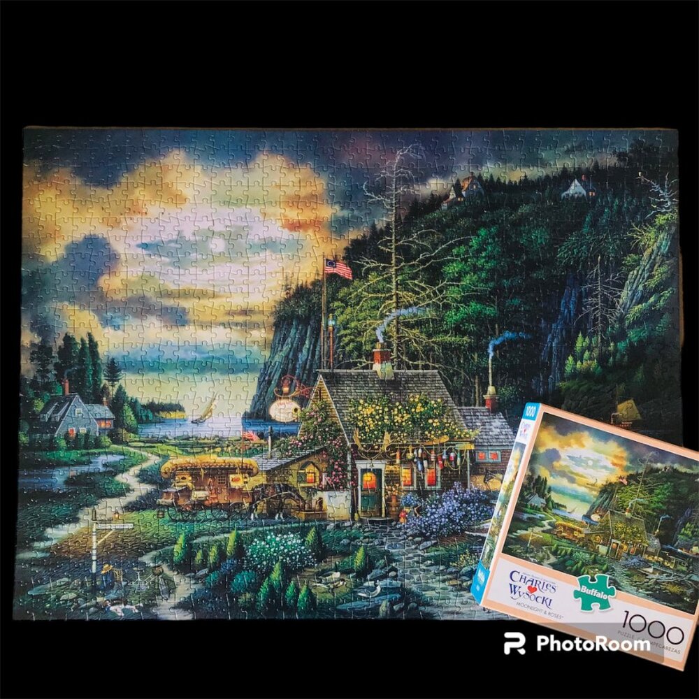COMPLETE Charles Wysocki Moonlight & Roses 1000 Pc Puzzle Cottagecore Coastal